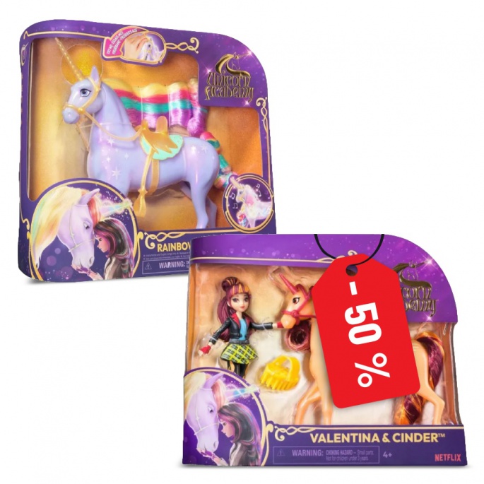 Unicorn Academy φωτεινός μονόκερος Wildstar 28 εκ. + Valentina και Cinder 11 εκ. για τη μισή