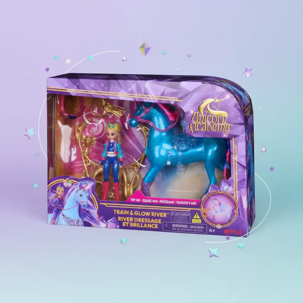 Μαγικά εφέ φωτός ενεργοποιούνται από πολύτιμο λίθο στο στήθος του μονόκερου.